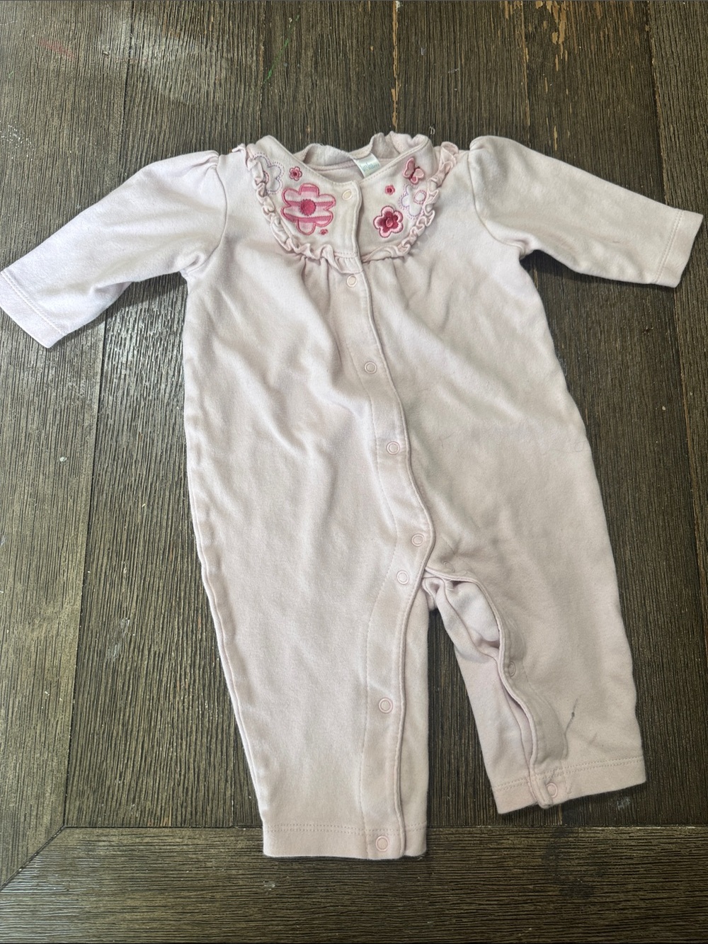 Little Wonders Pink Floral Embroidered Romper 6-9M | Ruffle Snap-Up One Piece